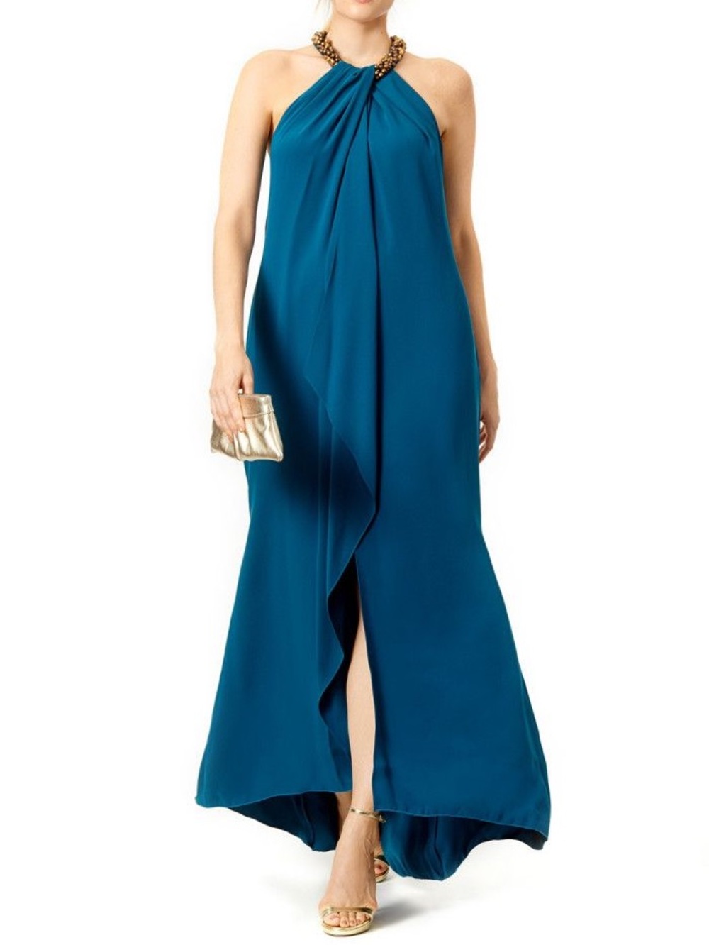 Carmen Marc Valvo Teal One-Shoulder Halter Maxi Dress with Beaded Neckline